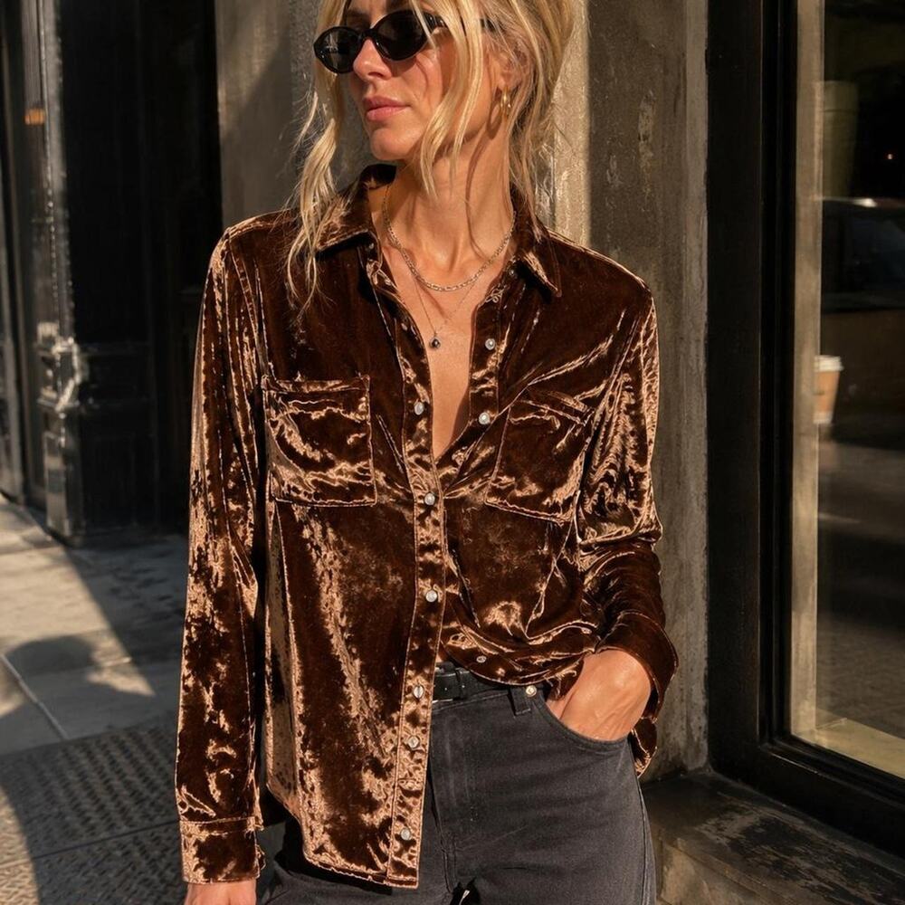 Rock & Roll Denim Brown Crushed Velvet Pearl Snap Shirt Large
